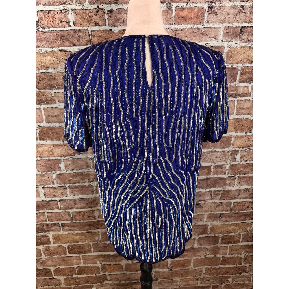 Jewel Queen Vintage Royal Blue Beaded Silk Sequin Evening Top Short Sleeve L - Picture 10 of 15